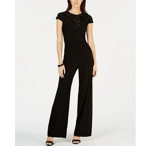 Adrianna Papell Women Black Sequined Jewel Neck Evening Straight leg Jumpsuit 10
